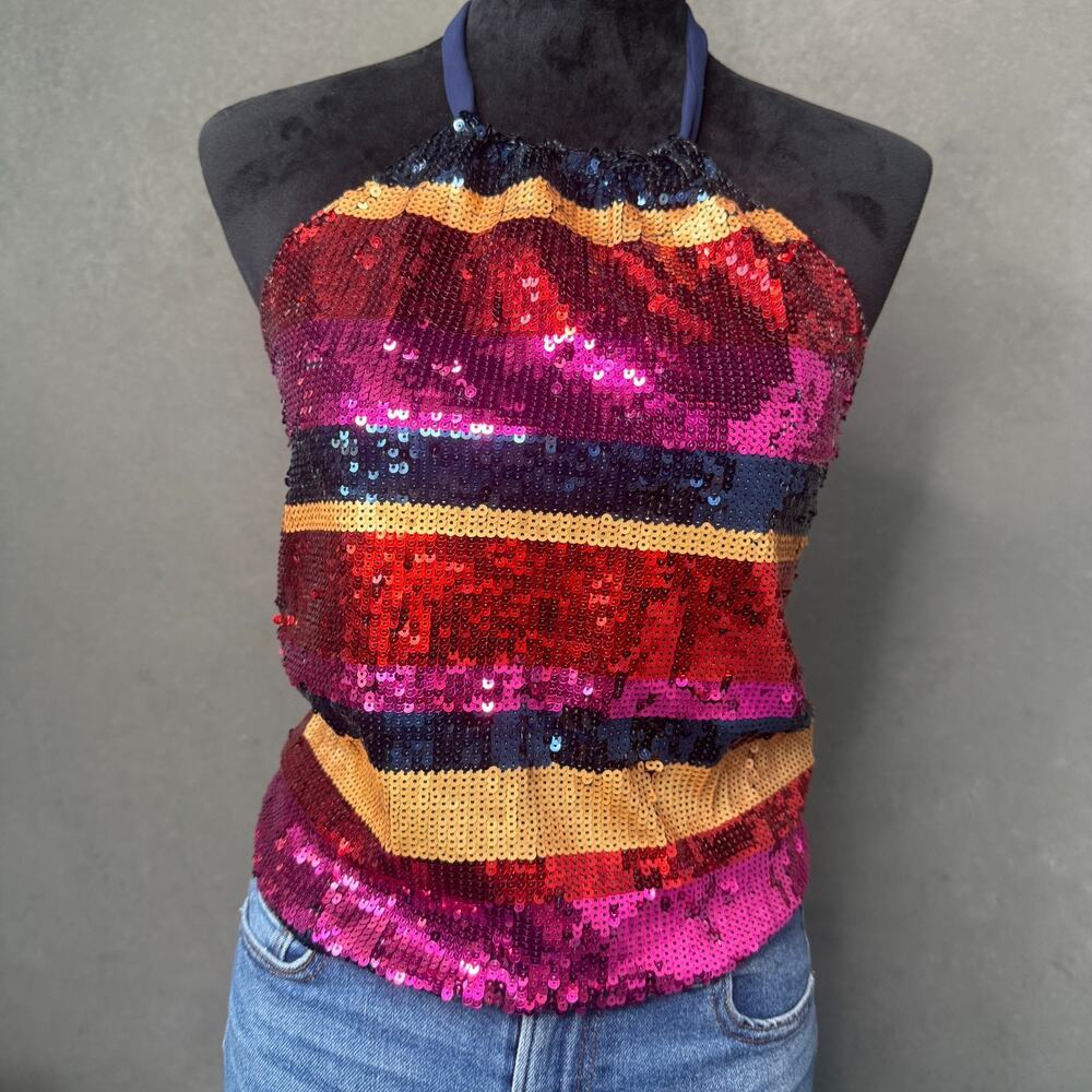 Trina Turk Sequin Striped Halter Top Tie Neck Tie Waist Multicolor